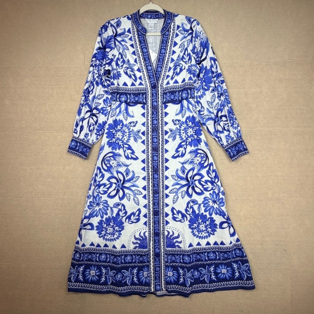 Caroline Constas Blue White Floral Linen Blend Euro Trip Maxi Dress NWT Small